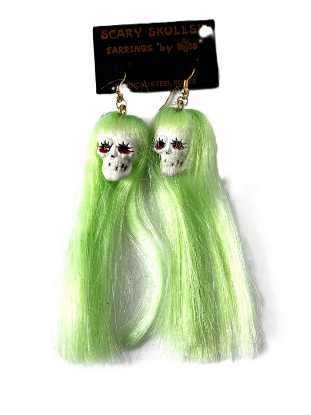 VTG Russ Scary Skulls With Long Lime Green Hair Ear Rings NWT NOS